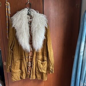 Free People Lady Lane Brown Corduroy Jacket with White Faux Fur Collar - Penny